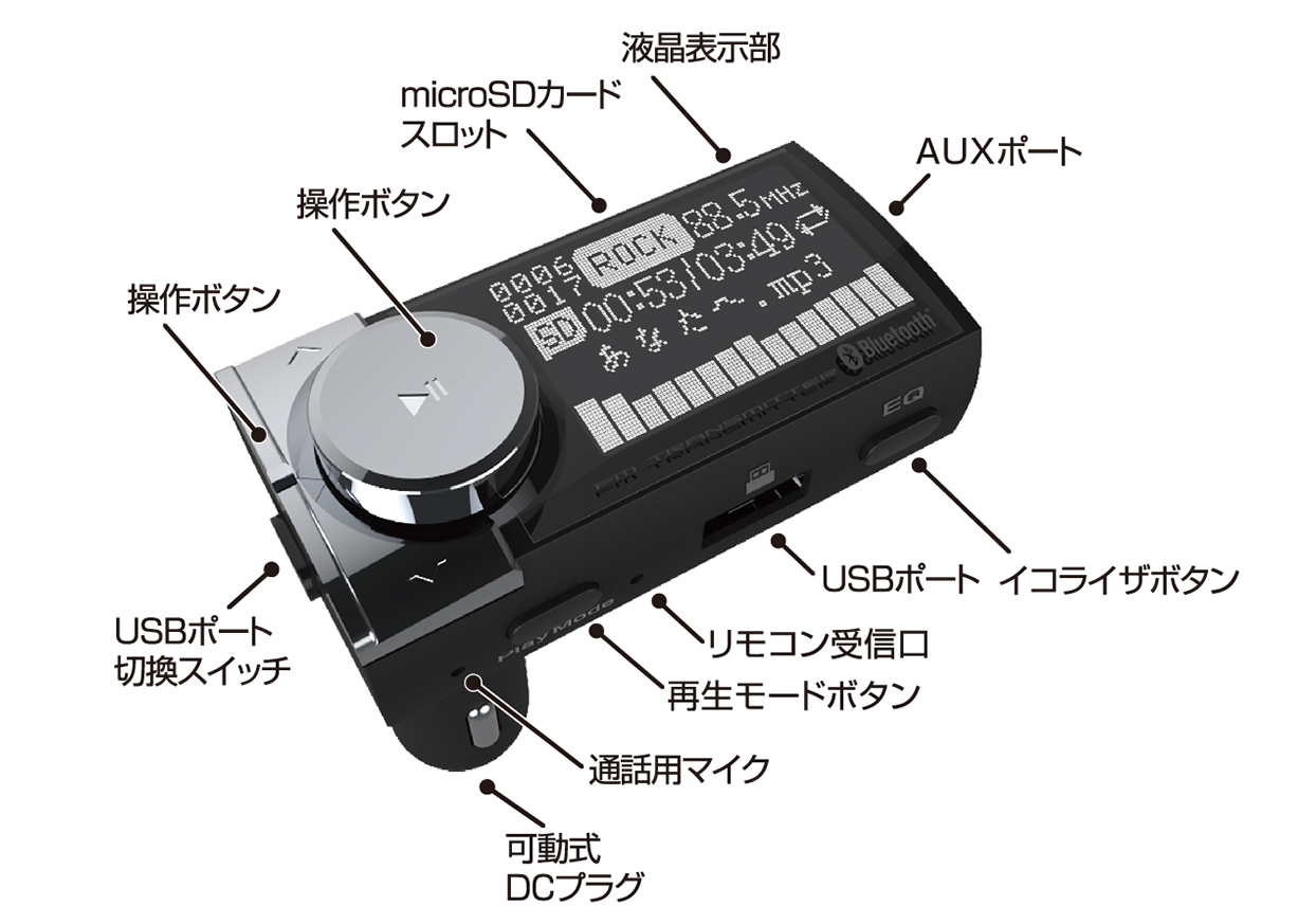 Bluetooth Fmトランスミッター Eq Aux Mp3プレーヤー付 Kashimura