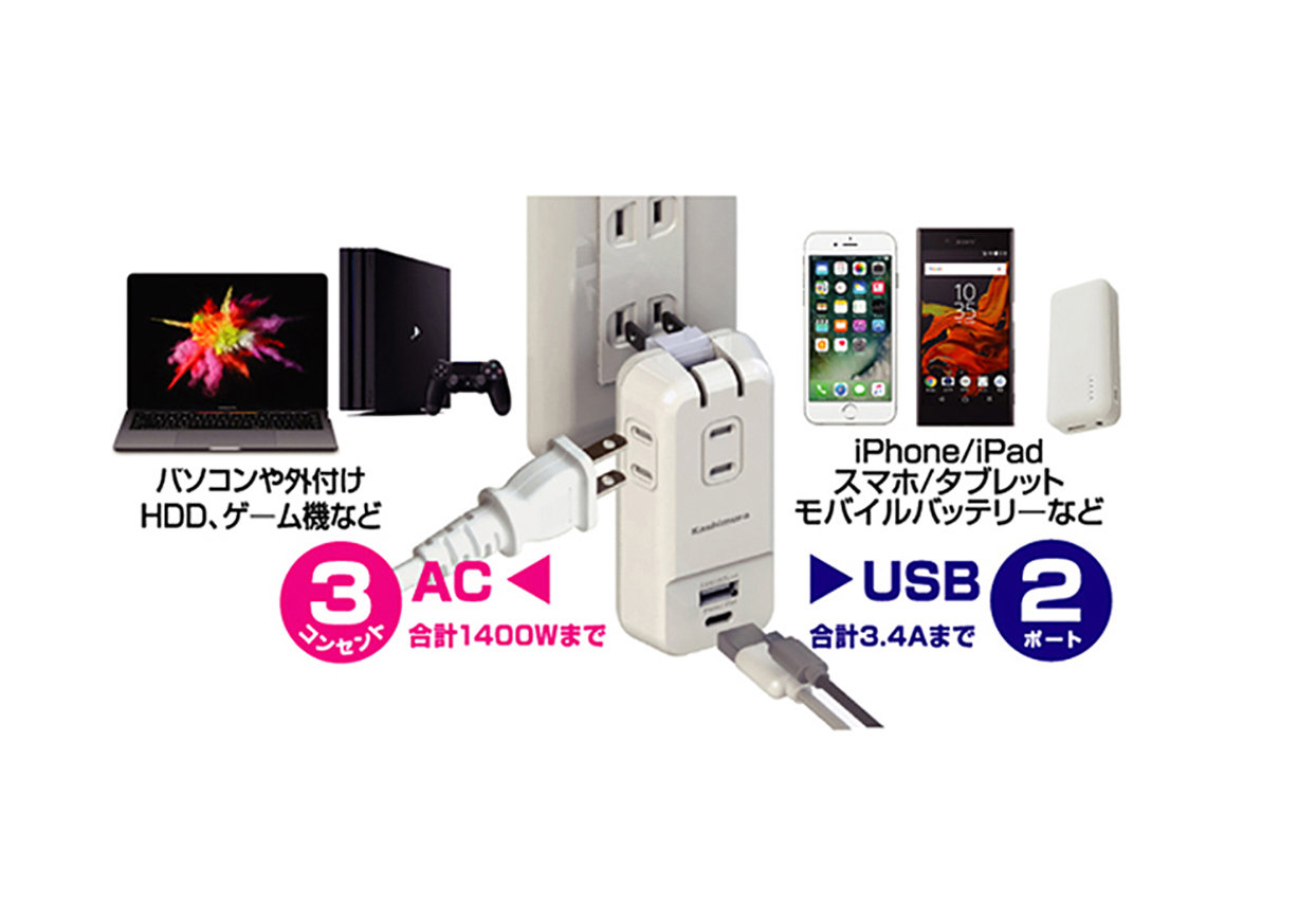 国内・海外兼用電源タップ Aタイプ AC3P C1P USB1P 3.4A WH 折りたたみ – kashimura